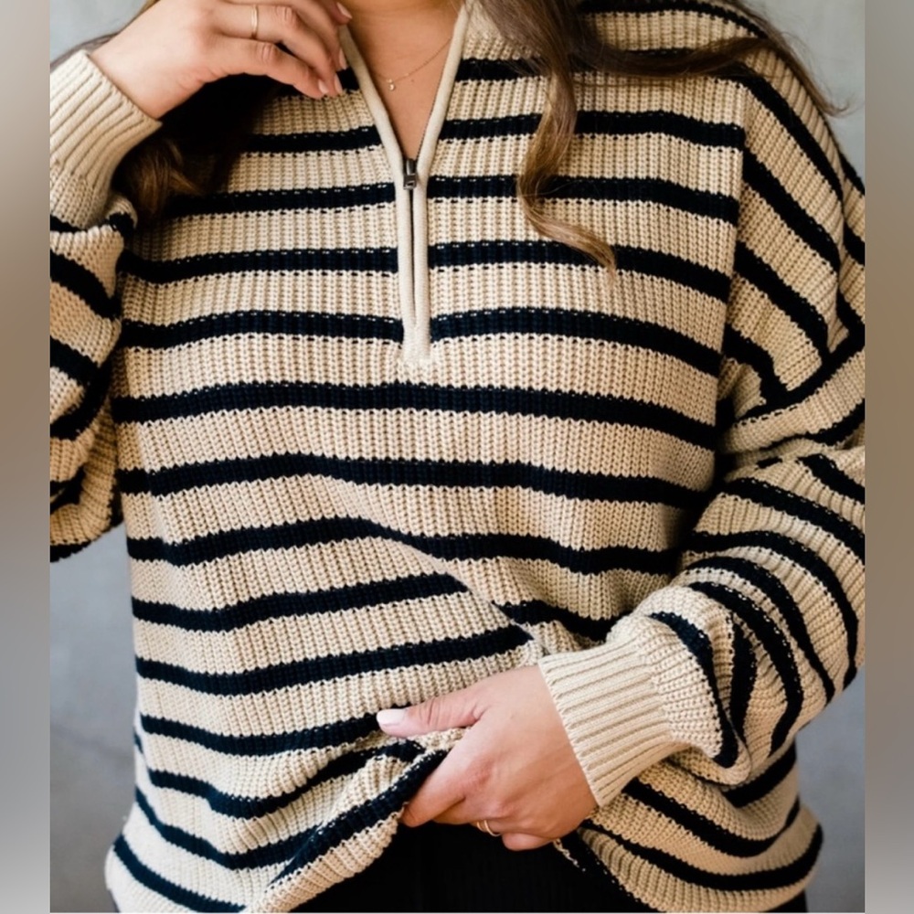 Able Sweater Quarter Zip in Black and Cream 100% Cotton Size XL